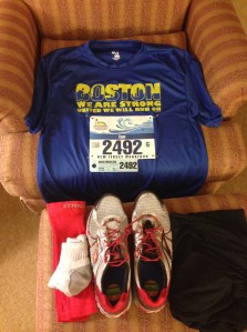 I set up my gear the night before. My blue and yellow Boston colors and 'Red Sox'