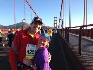 Running across the Golden Gate Bridge in San Francisco, CA