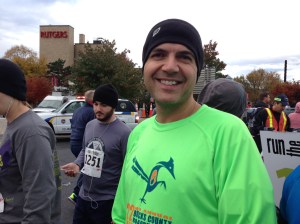 Wearing an extra layer at the start line waiting for signal to go.