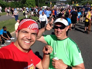 At the finish line. 5K in the books.