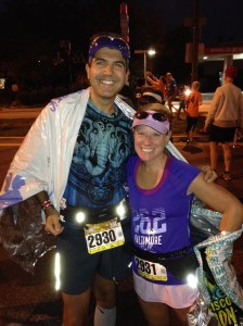 Staying warm before the start. Those old mylar race blankets come in useful.