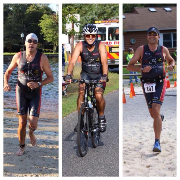 Competing in the Medford Lakes Colony Sprint Triathlon last August.