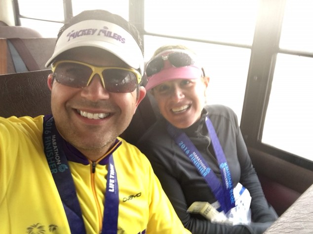 On the bus heading back to the starting line