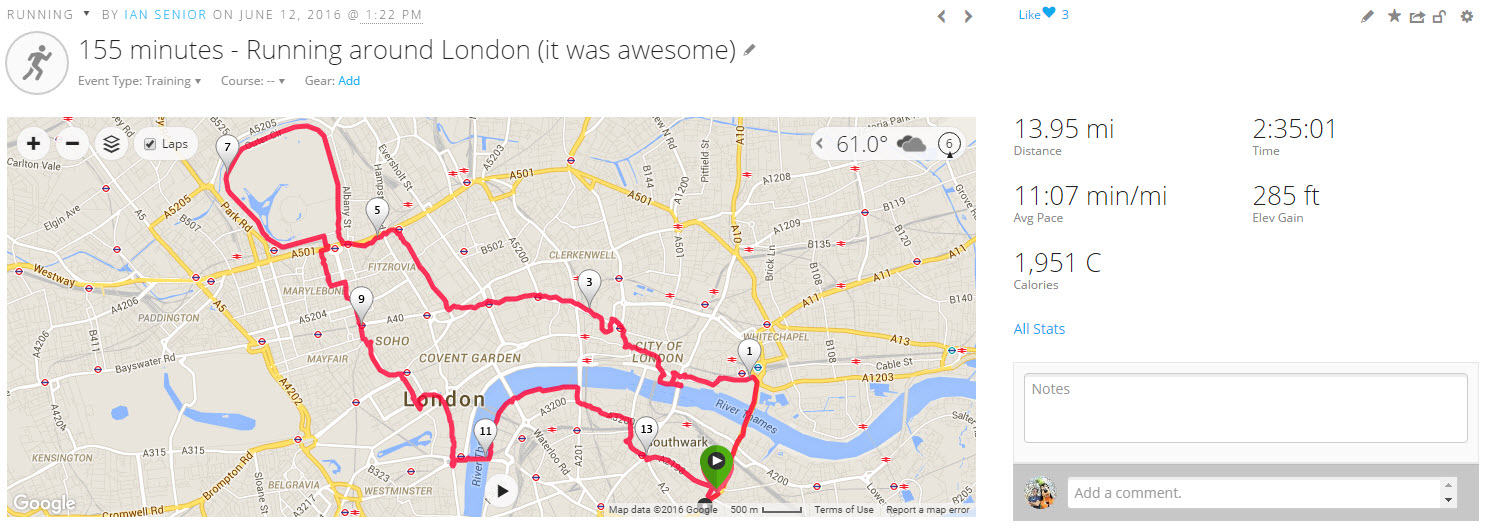 My first run after checking into my hotel in London